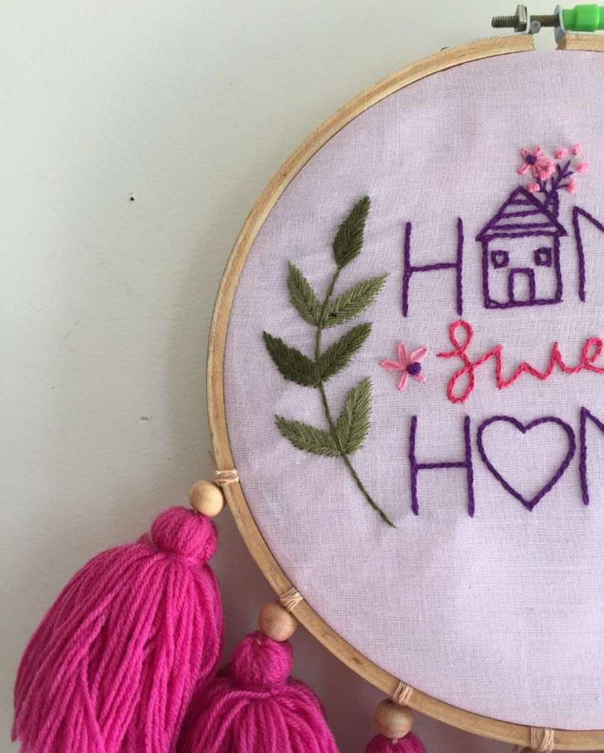 Home Sweet Home Embroidery Floral Design Hoop With Tassels | 8 x 21 inches