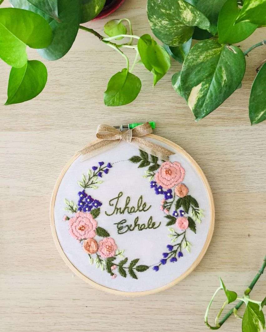 Inhale Exhale Embroidery Floral Design Hoop With Bow | 8 inches
