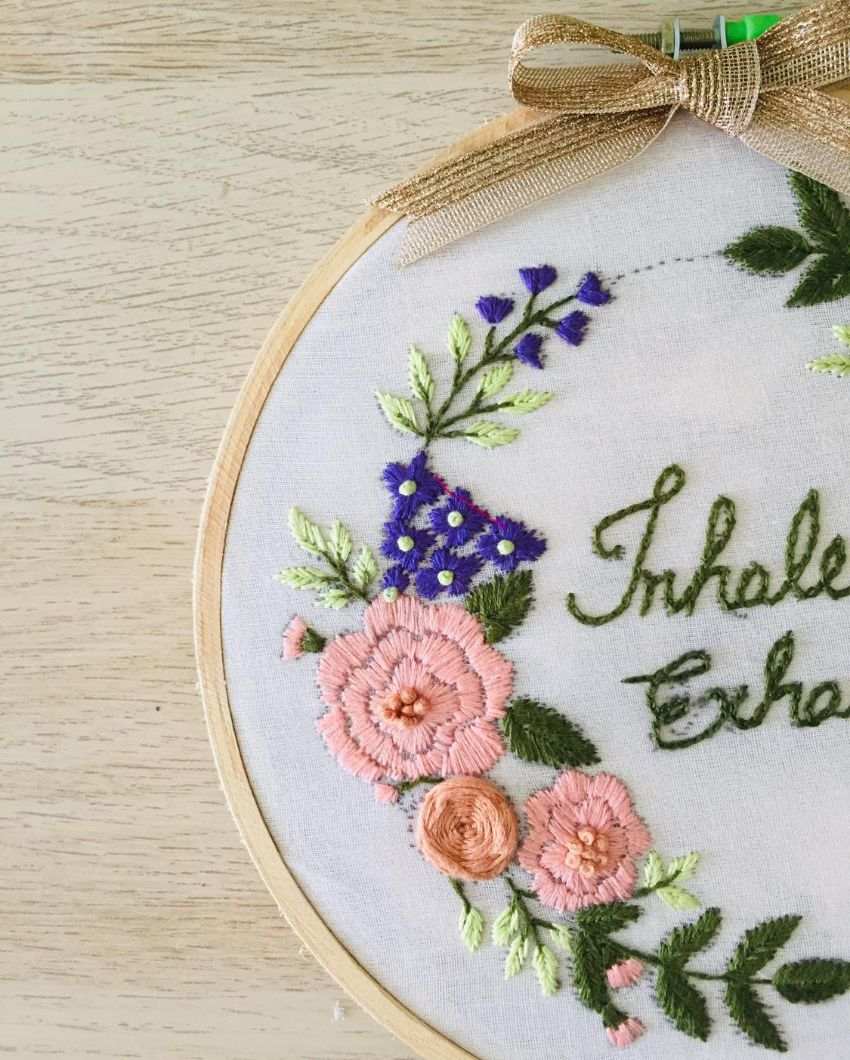 Inhale Exhale Embroidery Floral Design Hoop With Bow | 8 inches
