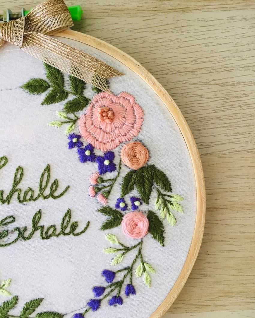 Inhale Exhale Embroidery Floral Design Hoop With Bow | 8 inches