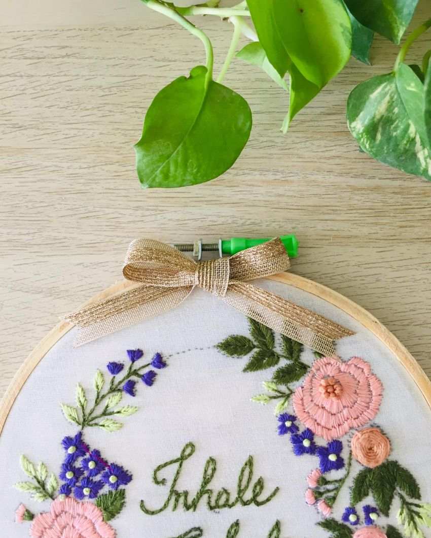 Inhale Exhale Embroidery Floral Design Hoop With Bow | 8 inches