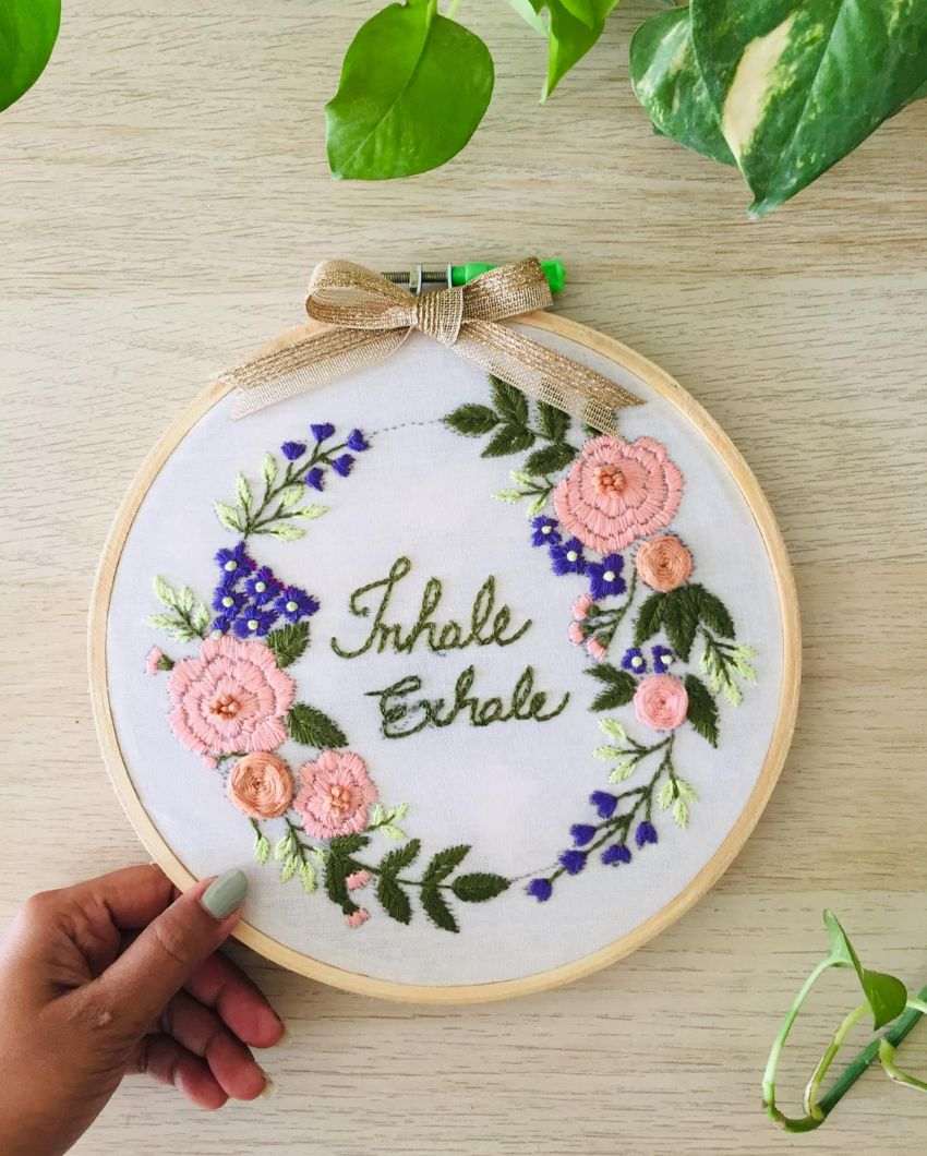 Inhale Exhale Embroidery Floral Design Hoop With Bow | 8 inches