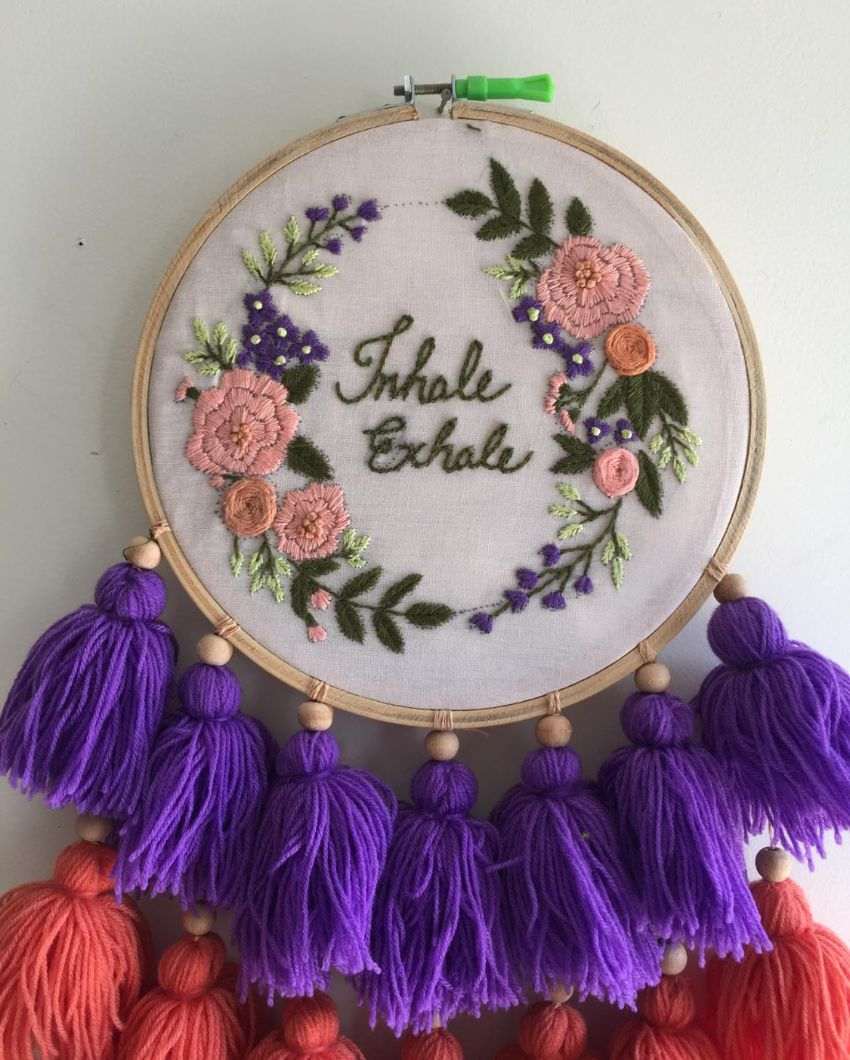 Inhale Exhale Embroidery Floral Design Hoop With Tassels | 8 x 21 inches