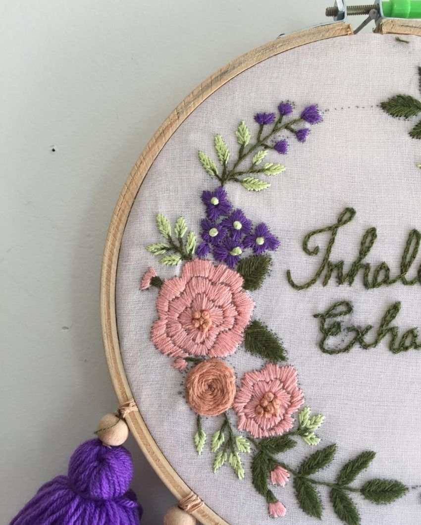 Inhale Exhale Embroidery Floral Design Hoop With Tassels | 8 x 21 inches