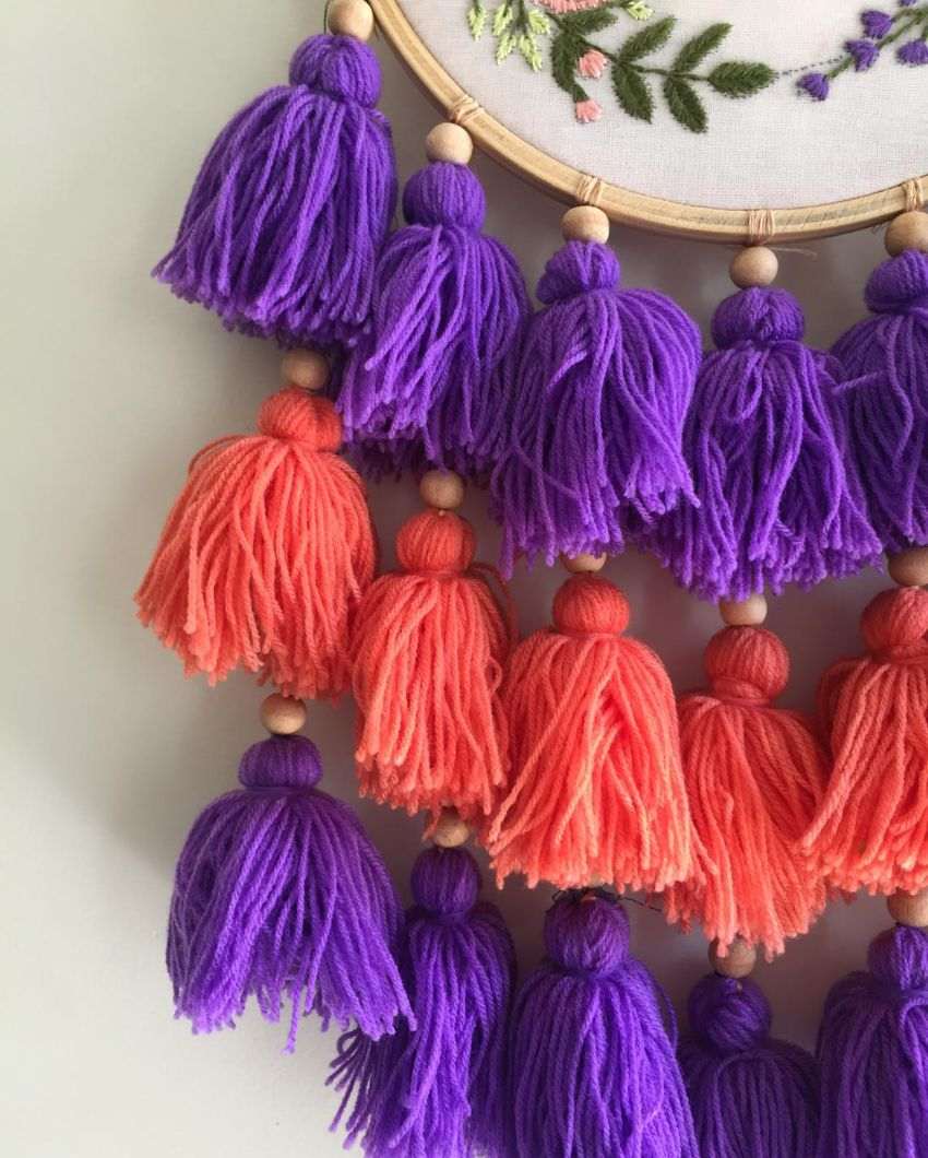 Inhale Exhale Embroidery Floral Design Hoop With Tassels | 8 x 21 inches