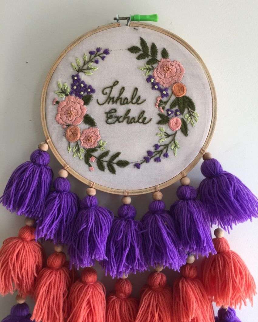 Inhale Exhale Embroidery Floral Design Hoop With Tassels | 8 x 21 inches