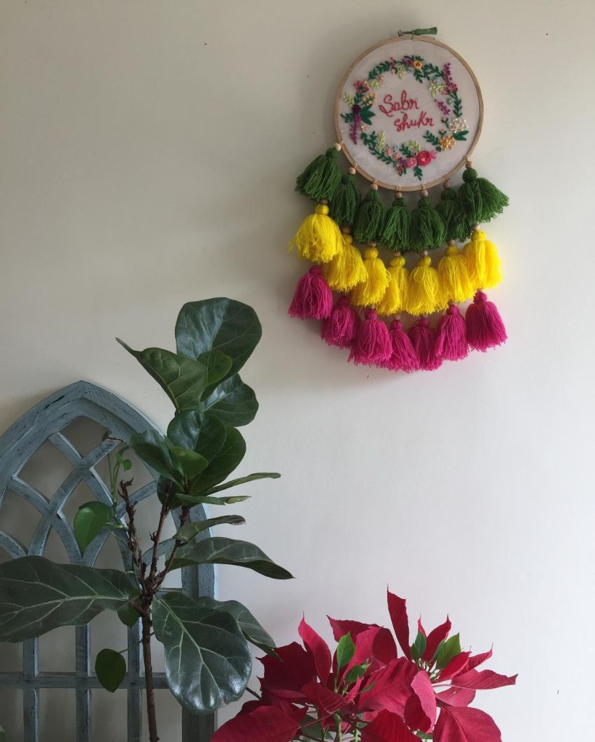 Sabr Shukr Embroidery Floral Design Hoop With Tassels | 8 x 21 inches