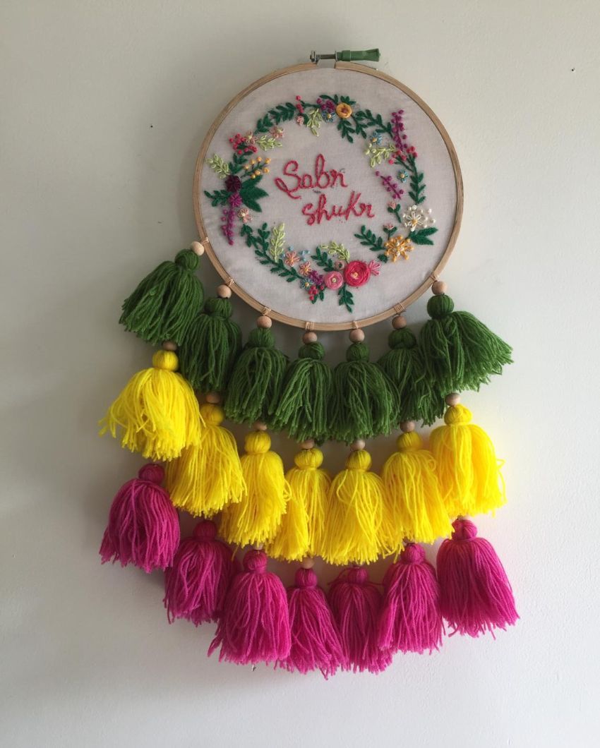 Sabr Shukr Embroidery Floral Design Hoop With Tassels | 8 x 21 inches