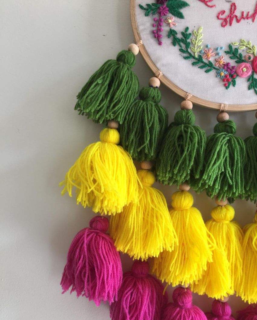 Sabr Shukr Embroidery Floral Design Hoop With Tassels | 8 x 21 inches
