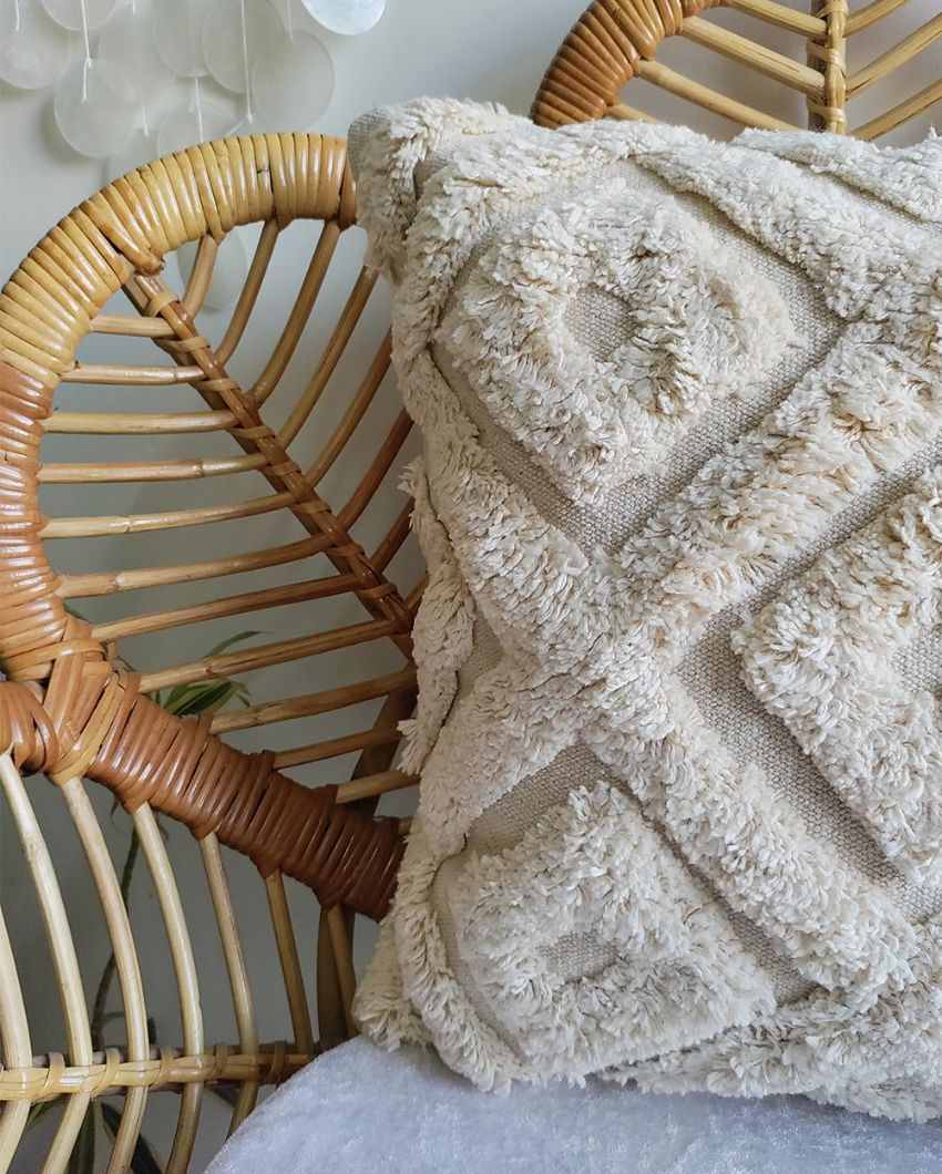 White Fuzzy Cotton Jute Cushion Cover | 16 x 16 inches