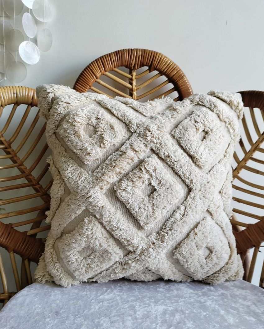 White Fuzzy Cotton Jute Cushion Cover | 16 x 16 inches
