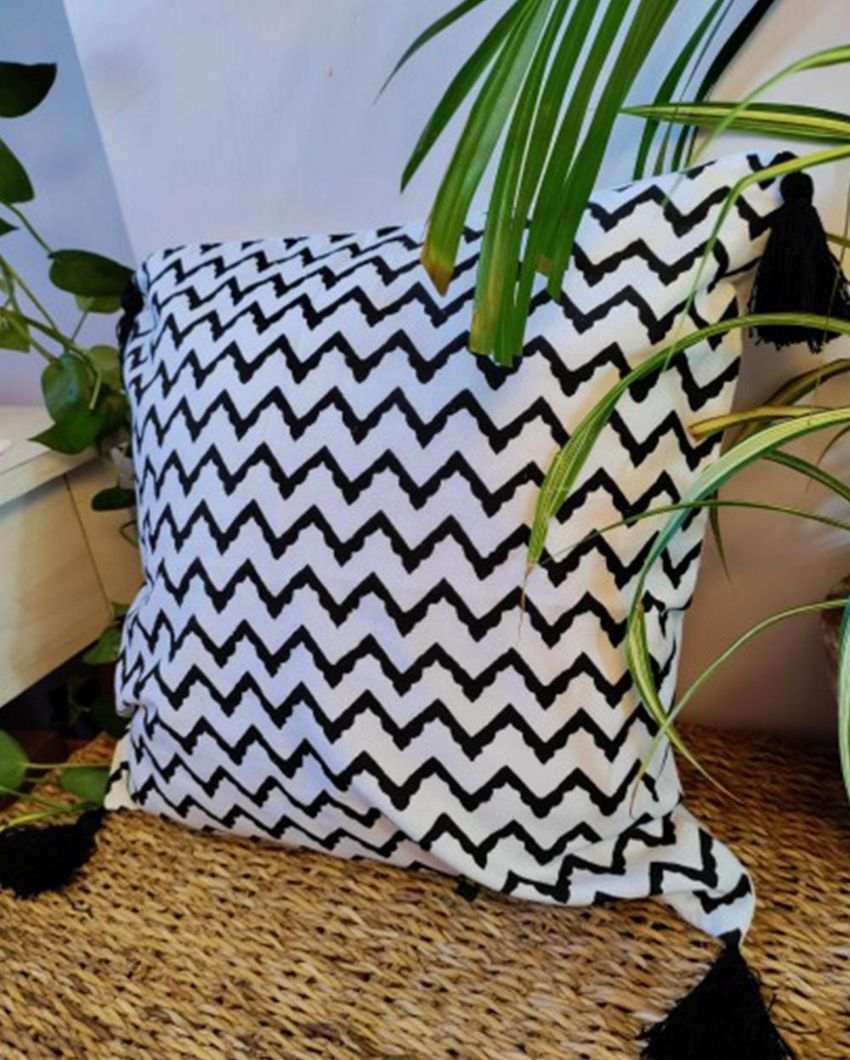 Black Aztec Block Print Cotton Cushion Cover | 16 x 16 inches