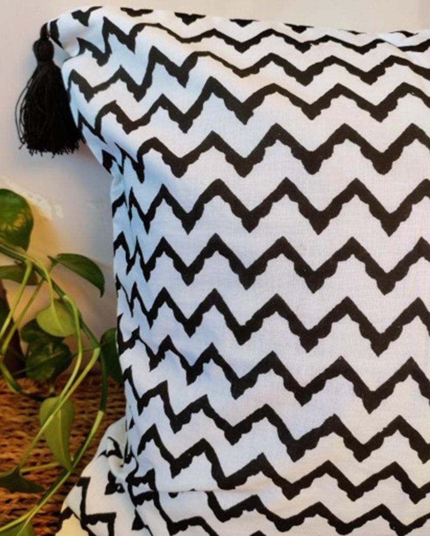 Black Aztec Block Print Cotton Cushion Cover | 16 x 16 inches