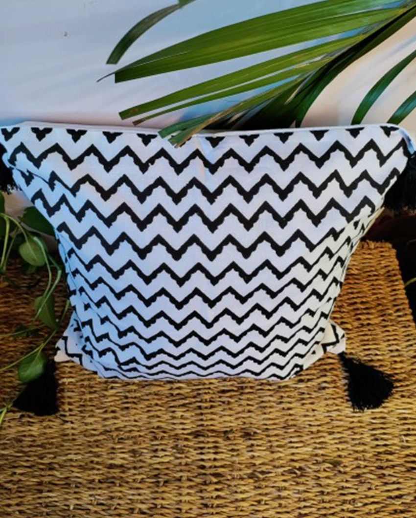 Black Aztec Block Print Cotton Cushion Cover | 16 x 16 inches
