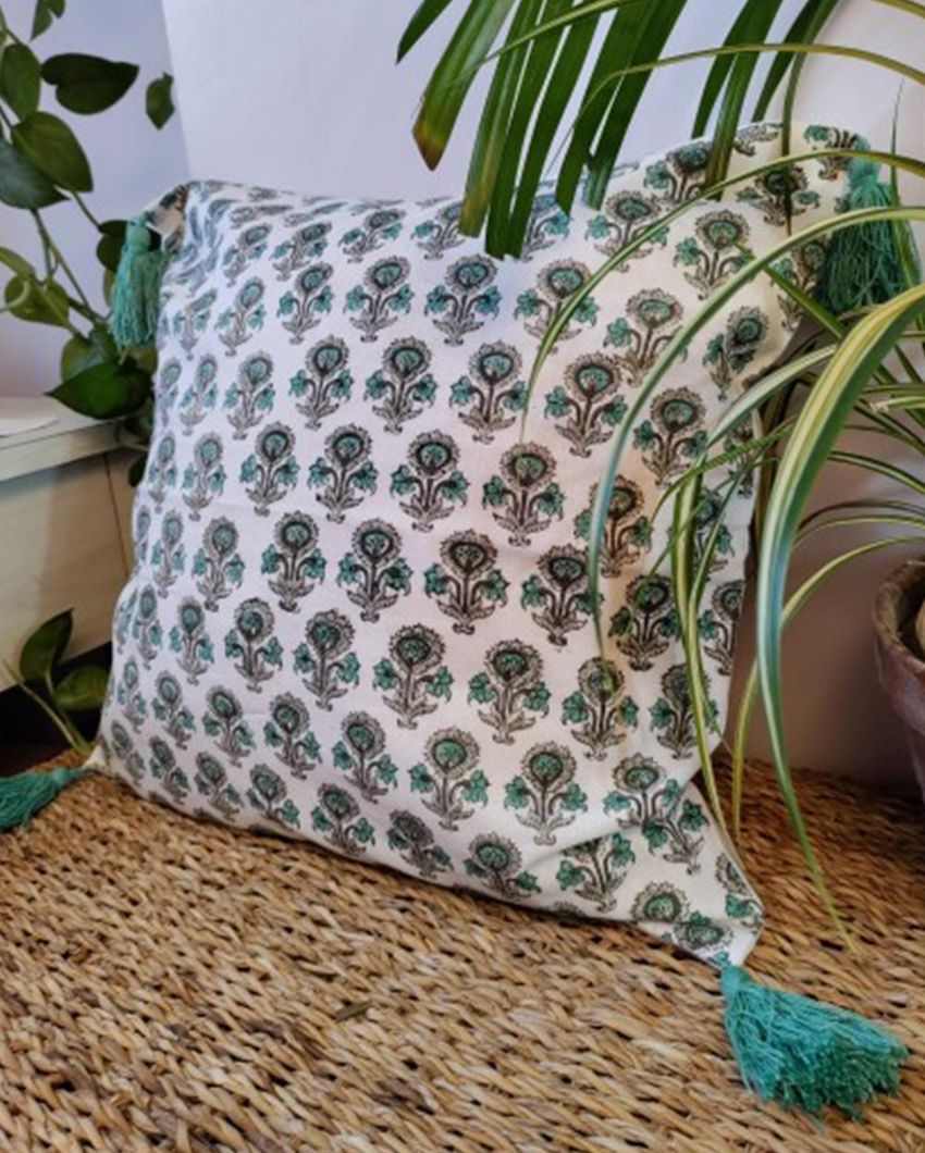 Wildflower Cuteness Block Print Cotton Cushion Cover | 16 x 16 inches