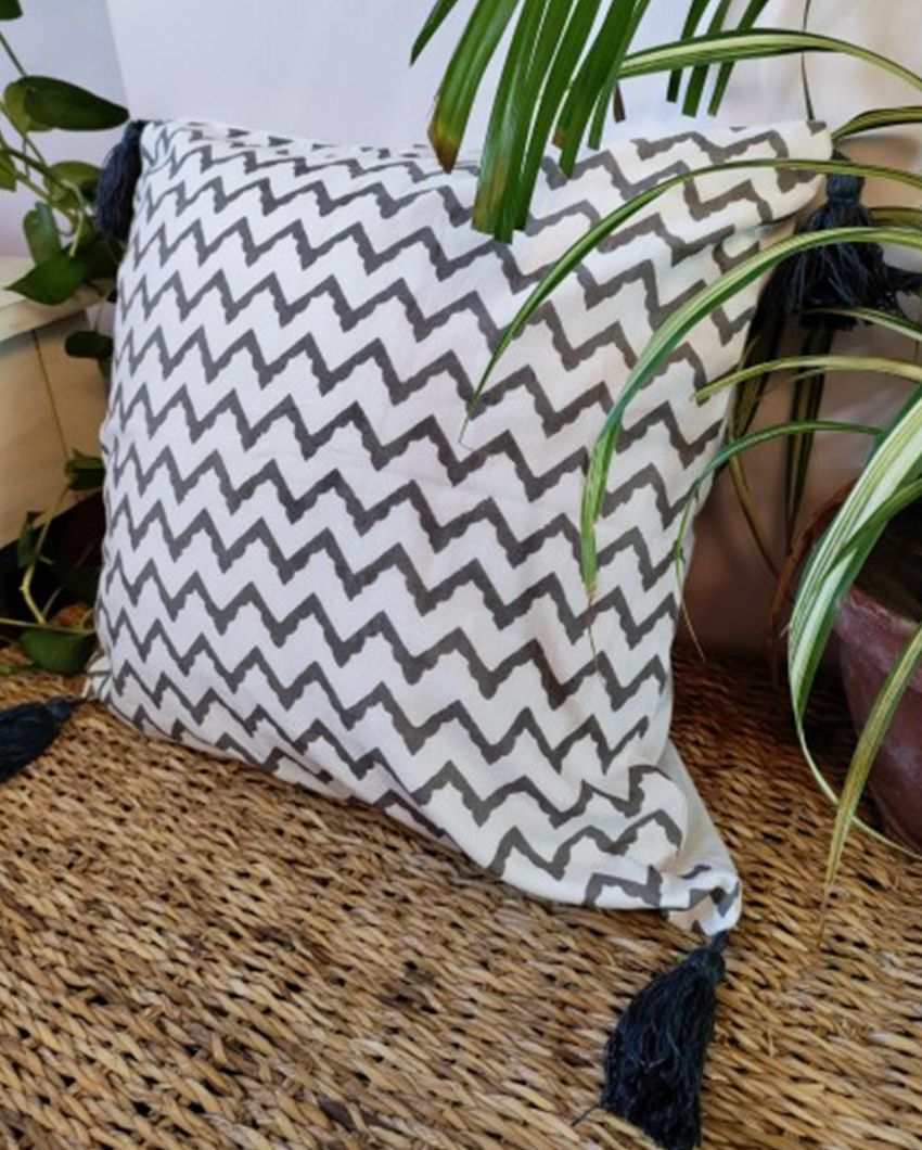 Grey Aztec Block Print Cotton Cushion Cover | 16 x 16 inches