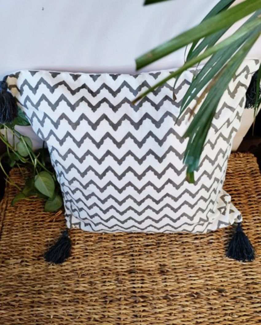 Grey Aztec Block Print Cotton Cushion Cover | 16 x 16 inches