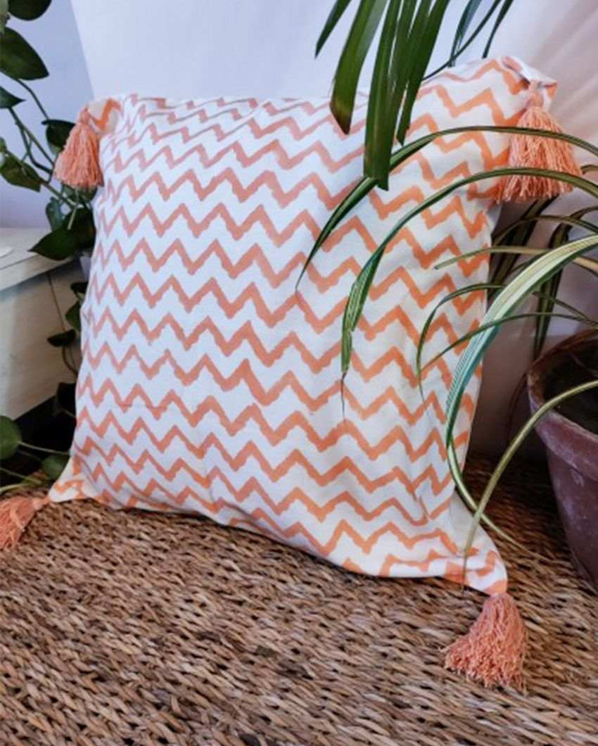 Cantaloupe Orange Aztec Block Print Cotton Cushion Cover | 16 x 16 inches