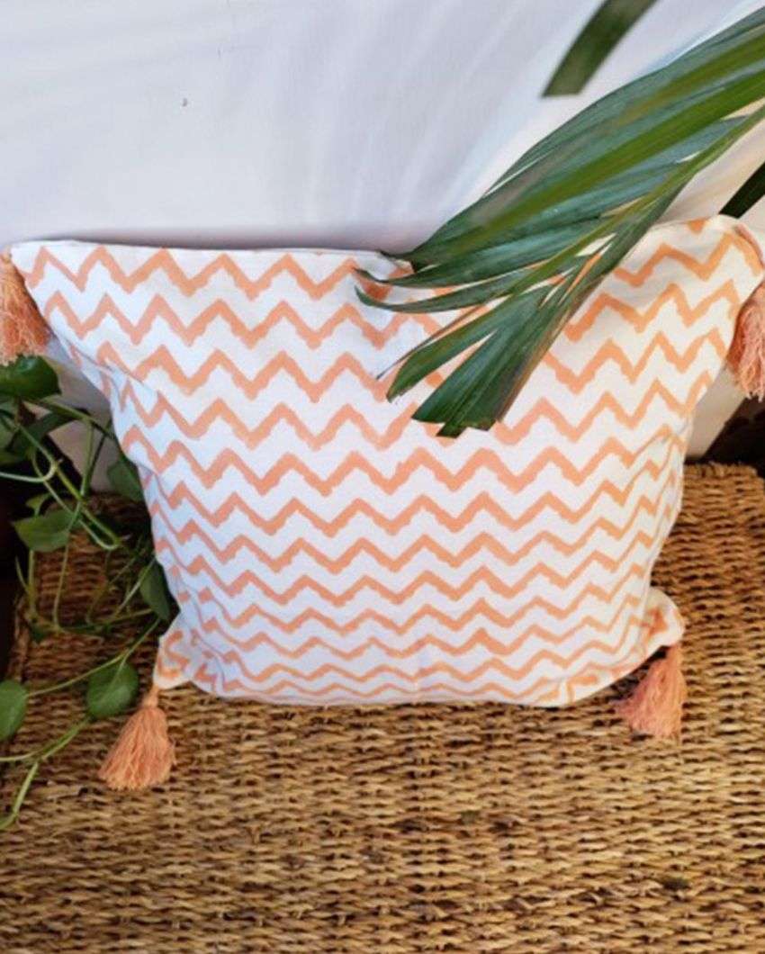 Cantaloupe Orange Aztec Block Print Cotton Cushion Cover | 16 x 16 inches