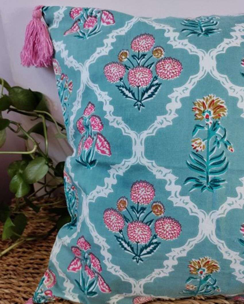 Countryside Meadows Block Print Cotton Cushion Cover | 16 x 16 inches