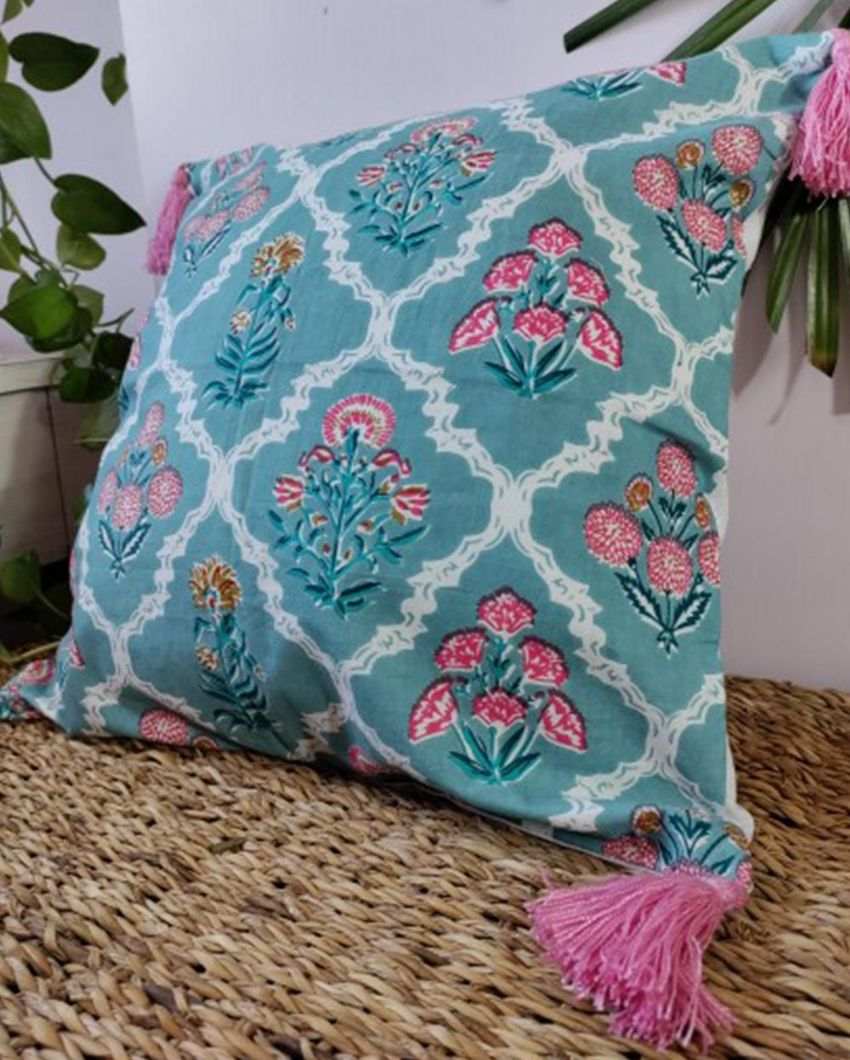 Countryside Meadows Block Print Cotton Cushion Cover | 16 x 16 inches