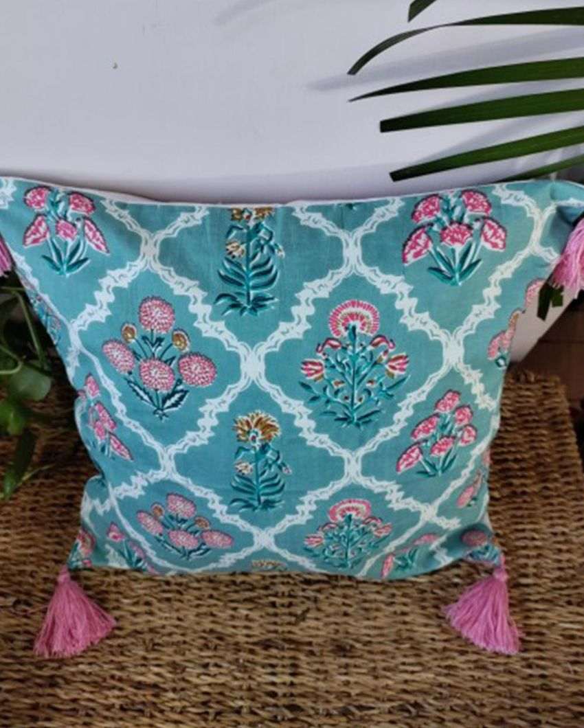 Countryside Meadows Block Print Cotton Cushion Cover | 16 x 16 inches