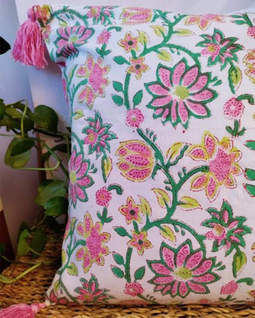 Floral Affair Block Print Cotton Cushion Cover | 16 x 16 inches