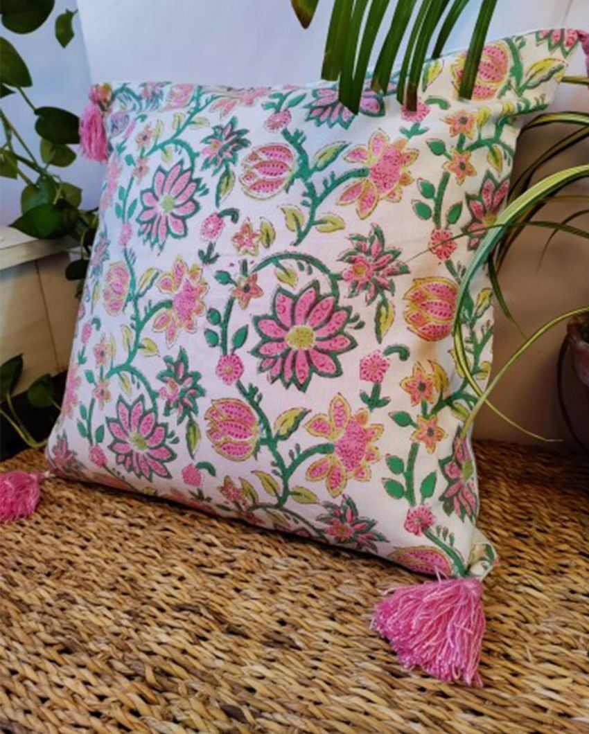 Floral Affair Block Print Cotton Cushion Cover | 16 x 16 inches