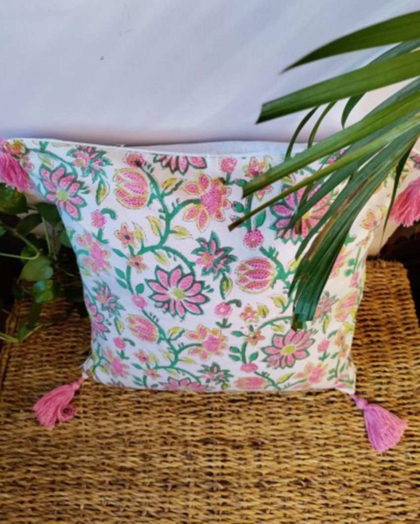 Floral Affair Block Print Cotton Cushion Cover | 16 x 16 inches