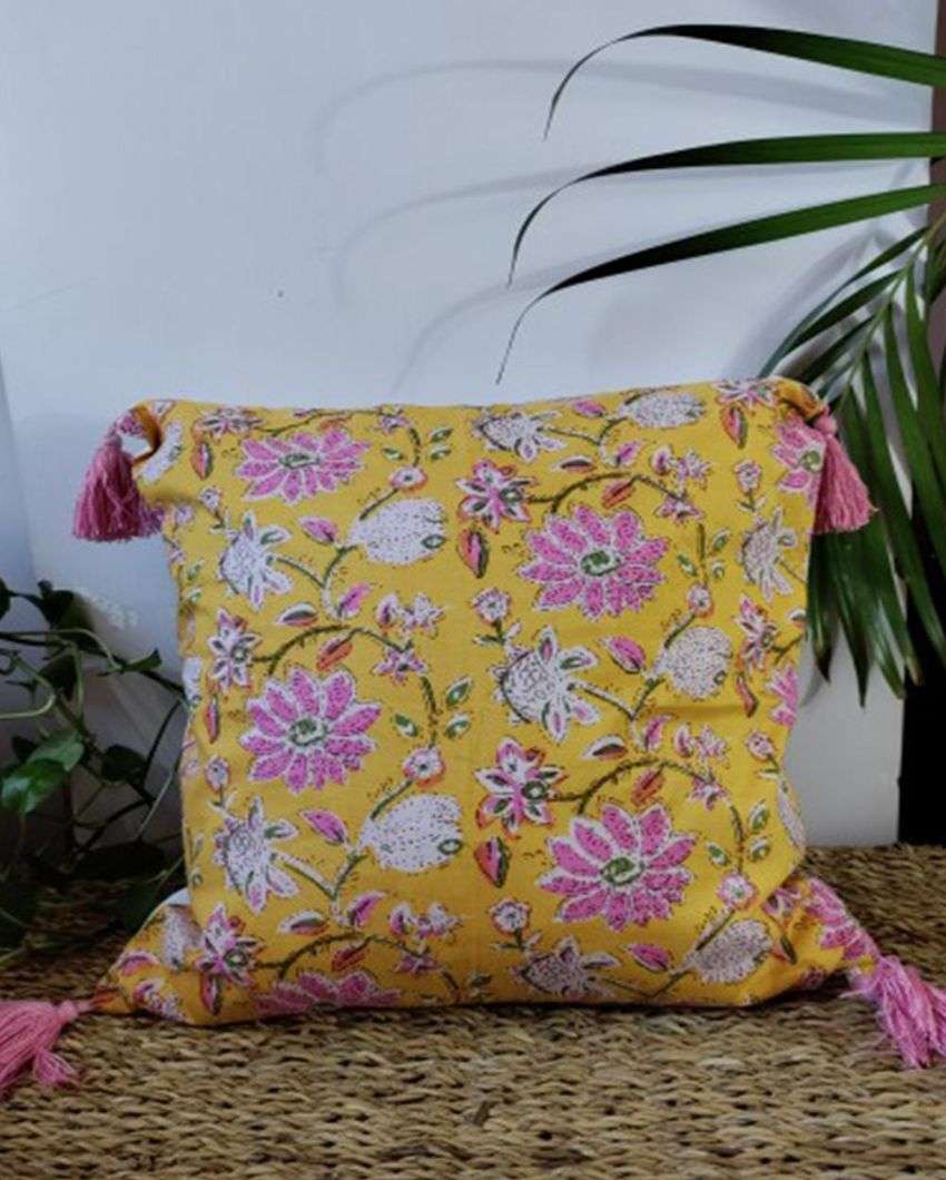 Springtime Bliss Block Print Cotton Cushion Cover | 16 x 16 inches