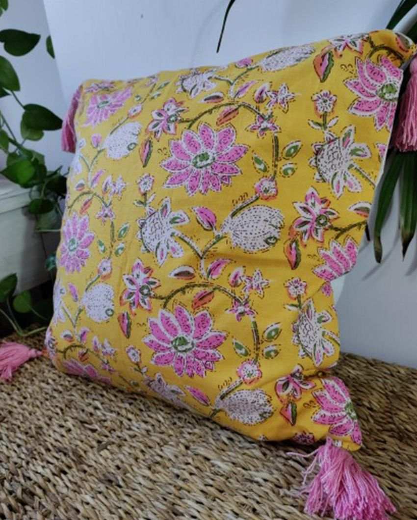 Springtime Bliss Block Print Cotton Cushion Cover | 16 x 16 inches