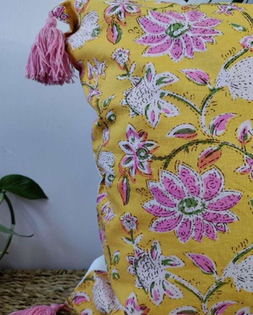 Springtime Bliss Block Print Cotton Cushion Cover | 16 x 16 inches