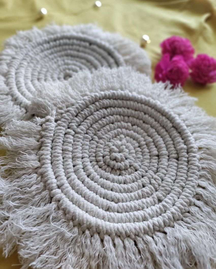 Classic Macrame Cotton Cord Coaster White Placemat | Set of 2 | 4 x 4 inches