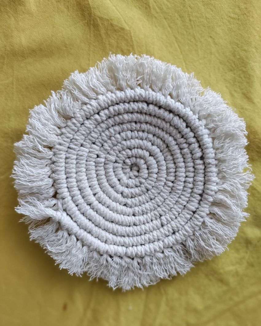 Classic Macrame Cotton Cord Coaster White Placemat | Set of 2 | 4 x 4 inches