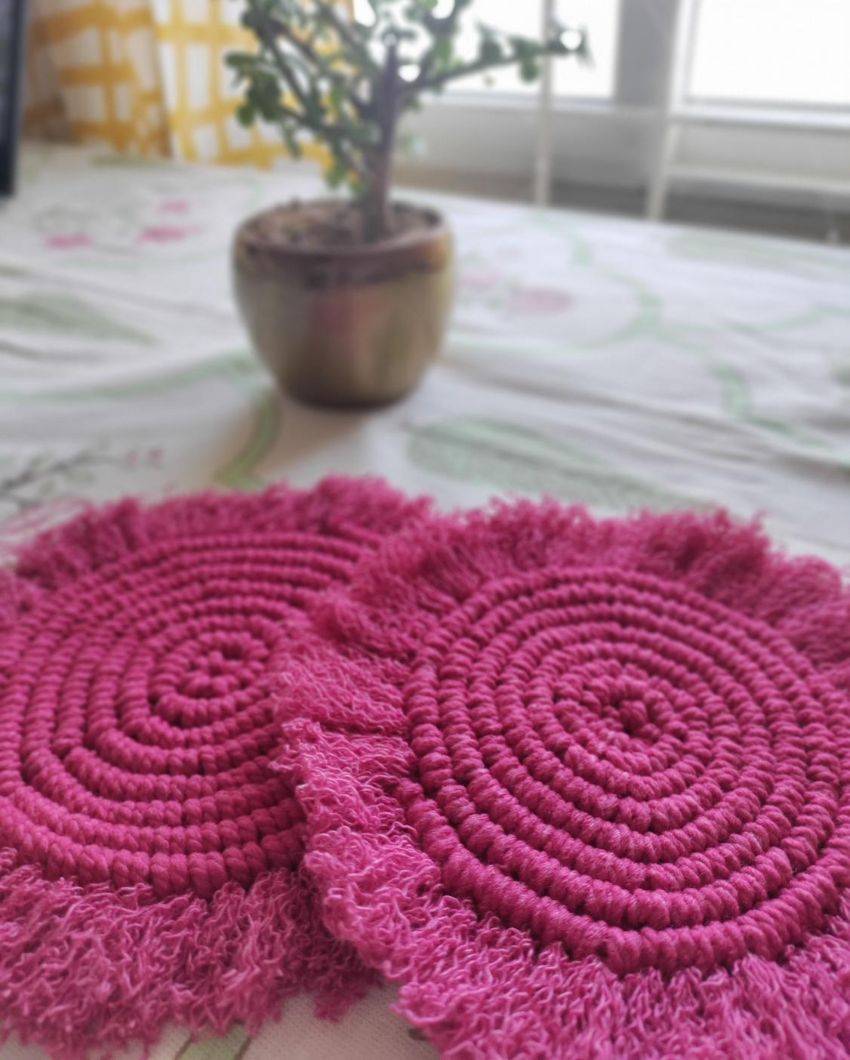 Pink Starburst Macrame Cotton Cord Coaster Placemat | Set of 2 | 4 x 4 inches