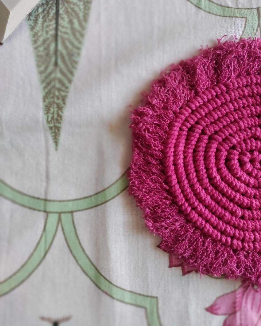 Pink Starburst Macrame Cotton Cord Coaster Placemat | Set of 2 | 4 x 4 inches