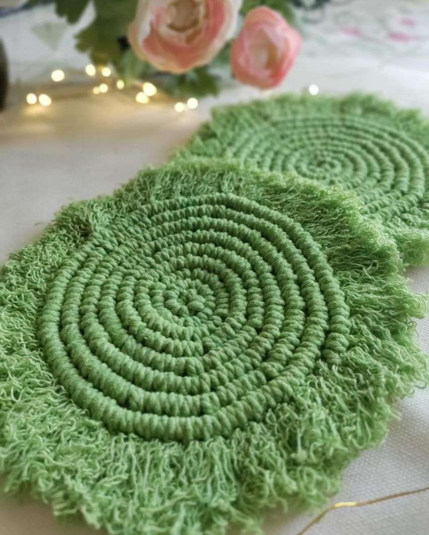 Green Moon Macrame Cotton Cord Coaster Placemat | Set of 2 | 4 x 4 inches