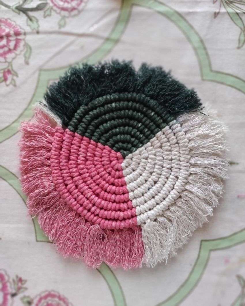 Shades of Happiness Macrame Cotton Cord Coaster Placemat | Set of 2 | 4 x 4 inches