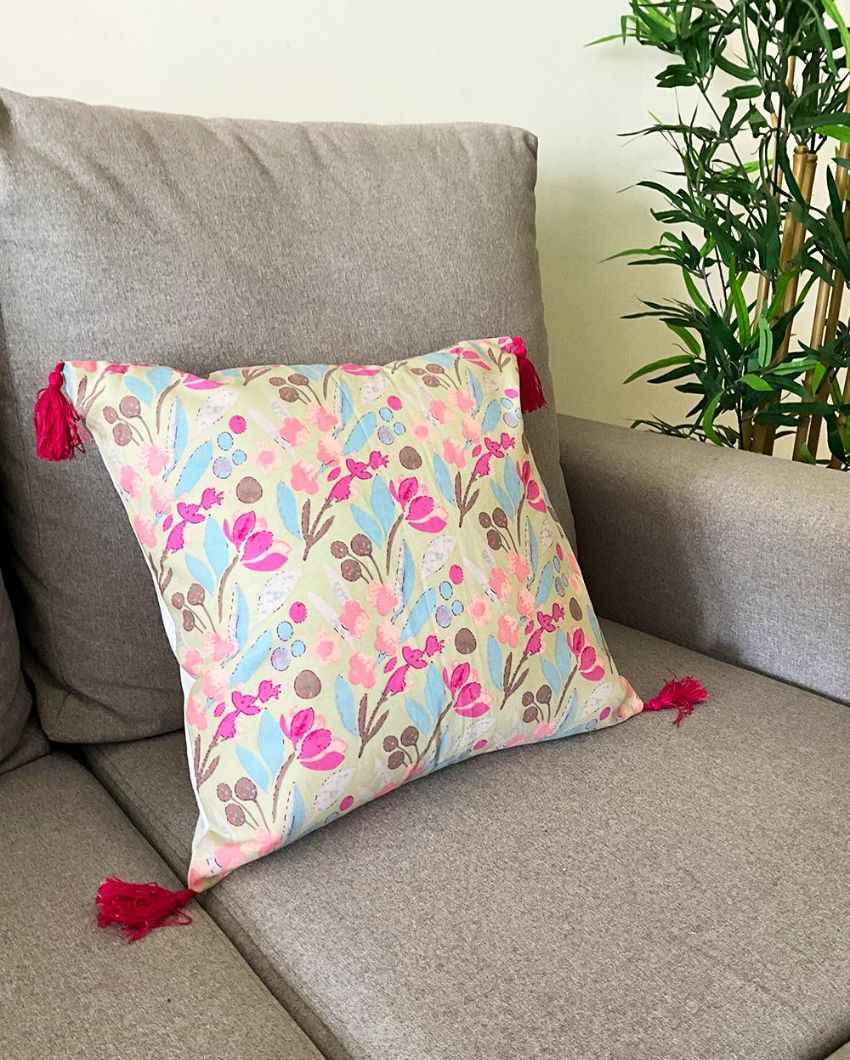 Pastel Blooms Block Print Cotton Cushion Cover | 16 x 16 inches