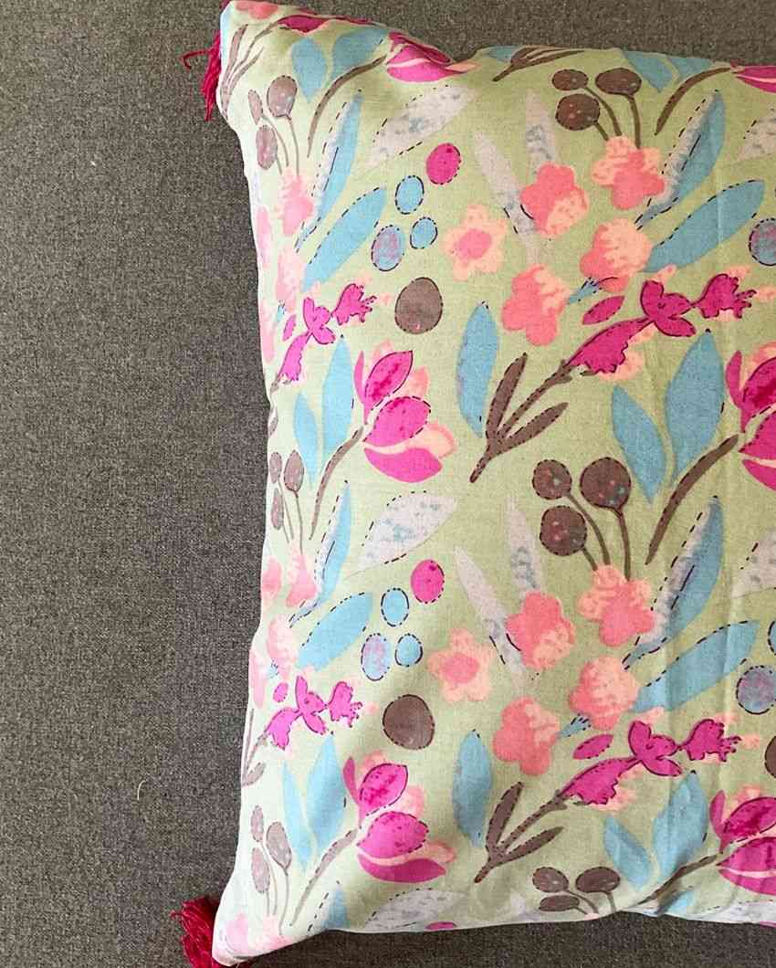 Pastel Blooms Block Print Cotton Cushion Cover | 16 x 16 inches