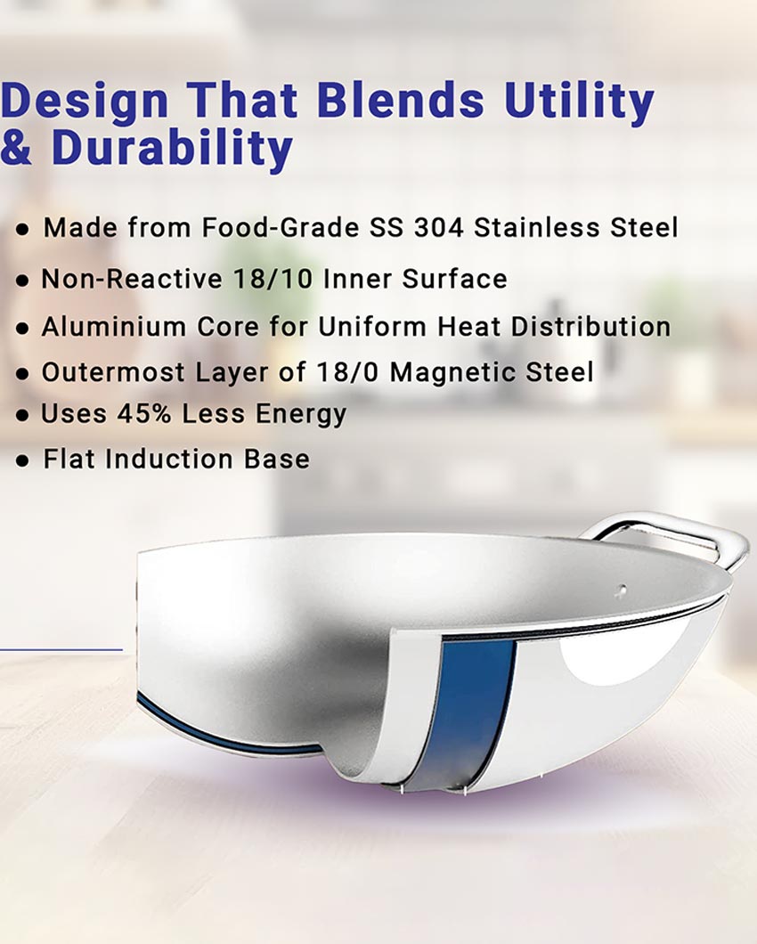 Heavy-Duty Triply Stainless Steel Kadhai with Lid
