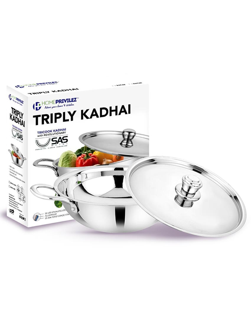 Heavy-Duty Triply Stainless Steel Kadhai with Lid