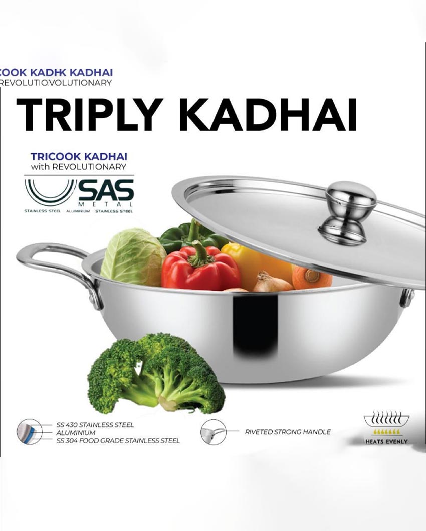 Heavy-Duty Triply Stainless Steel Kadhai with Lid