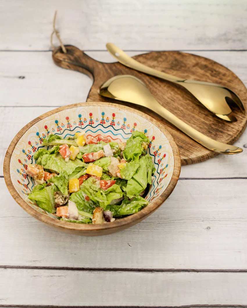 Pihu Wooden Large Bowl with Gold Salad Servers | 8 x 4 inches