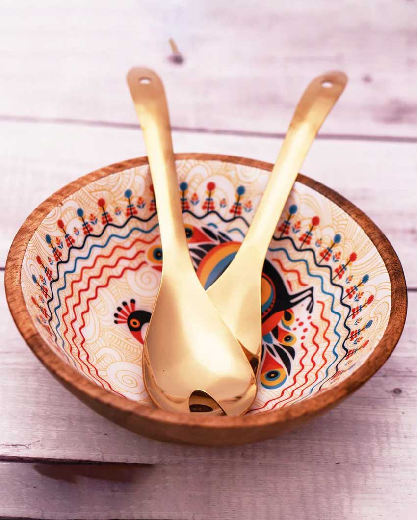 Pihu Wooden Large Bowl with Gold Salad Servers | 8 x 4 inches