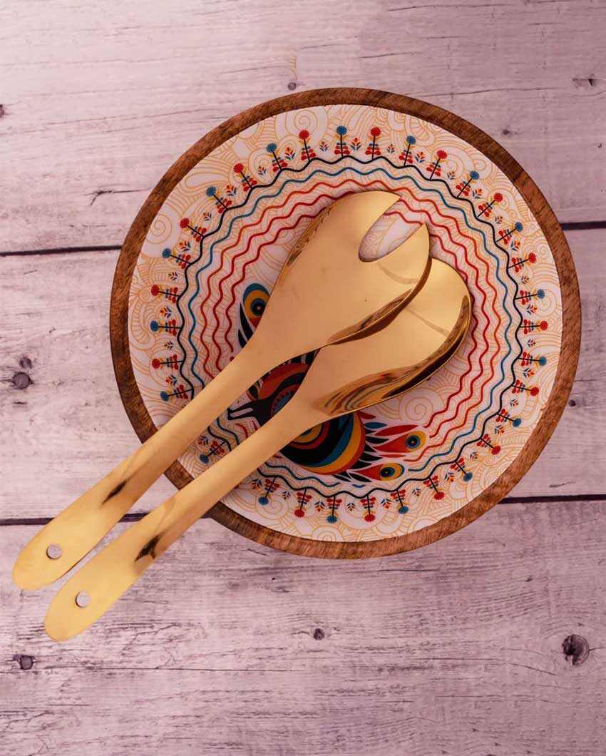 Pihu Wooden Large Bowl with Gold Salad Servers | 8 x 4 inches