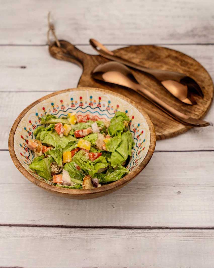 Pihu Wooden Large Bowl with Rose Gold Salad Servers | 8 x 4 inches