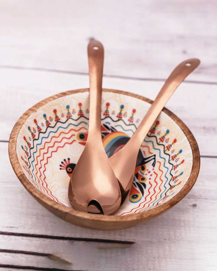 Pihu Wooden Large Bowl with Rose Gold Salad Servers | 8 x 4 inches