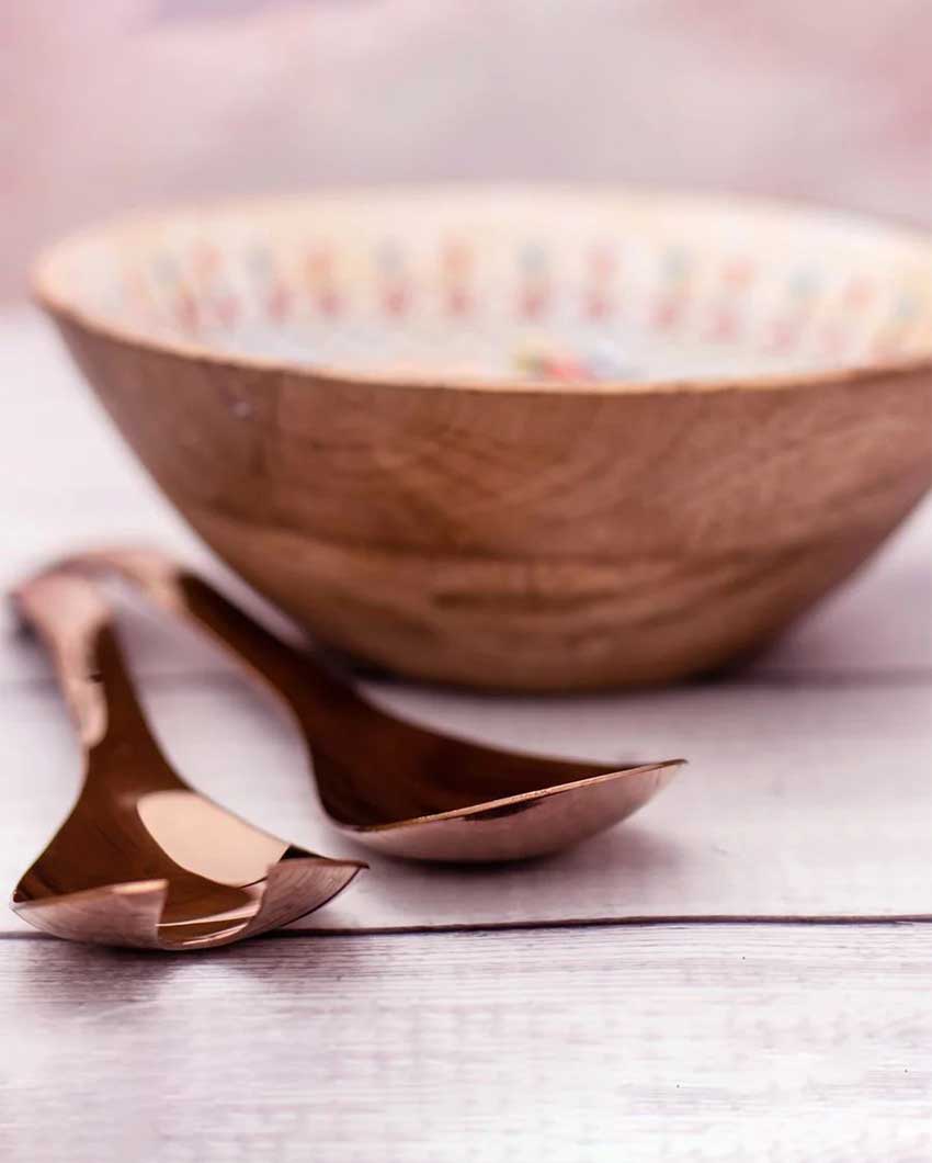Pihu Wooden Large Bowl with Rose Gold Salad Servers | 8 x 4 inches