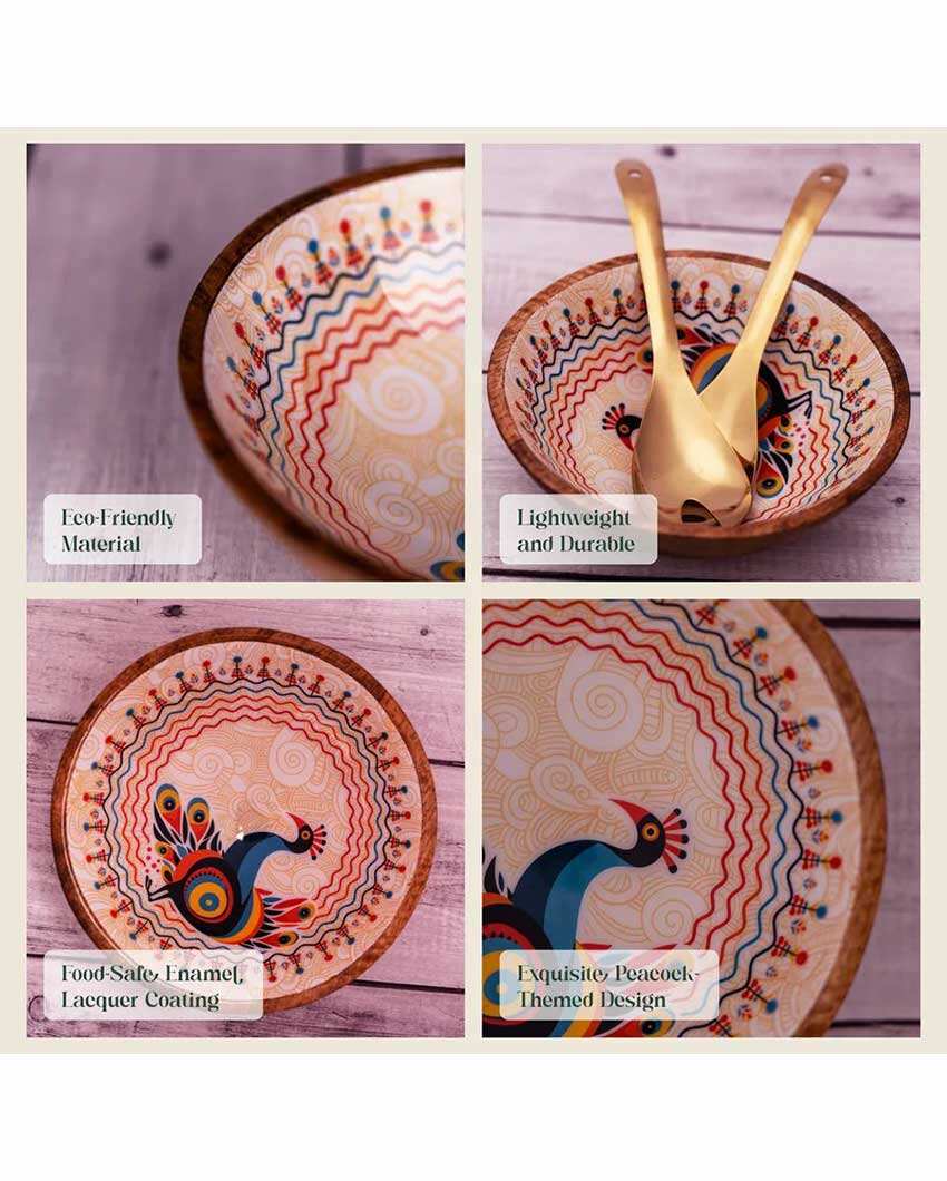 Pihu Wooden Large Bowl with Rose Gold Salad Servers | 8 x 4 inches